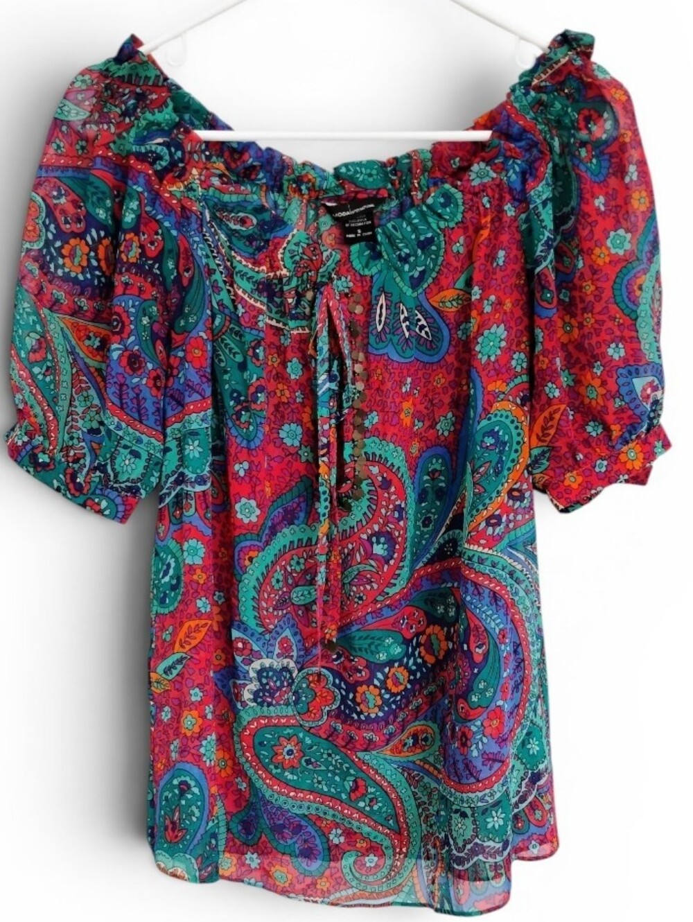 VTG Victorias Secret Moda International Silk Bold Sheer Paisley Peasant Top LN S